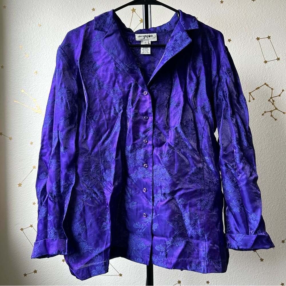 Vintage Easy Spirit Metallic Purple Button Up Floral Long Sleeve Blouse